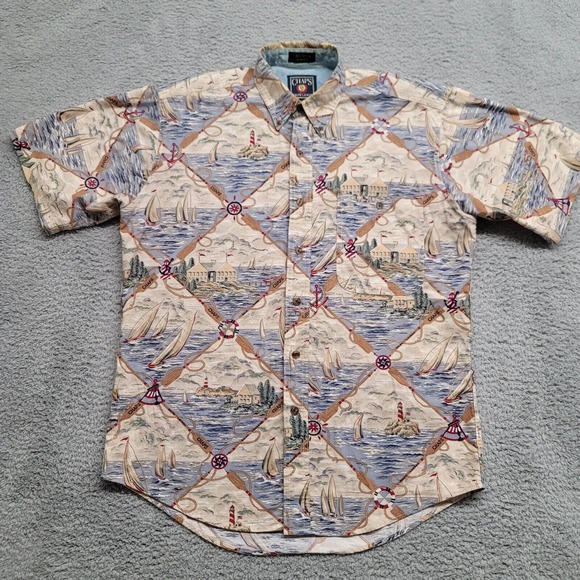 Chaps Ralph Lauren Shirt Mens Medium Tan All‎ Over Print Nautical Light House - Picture 1 of 13